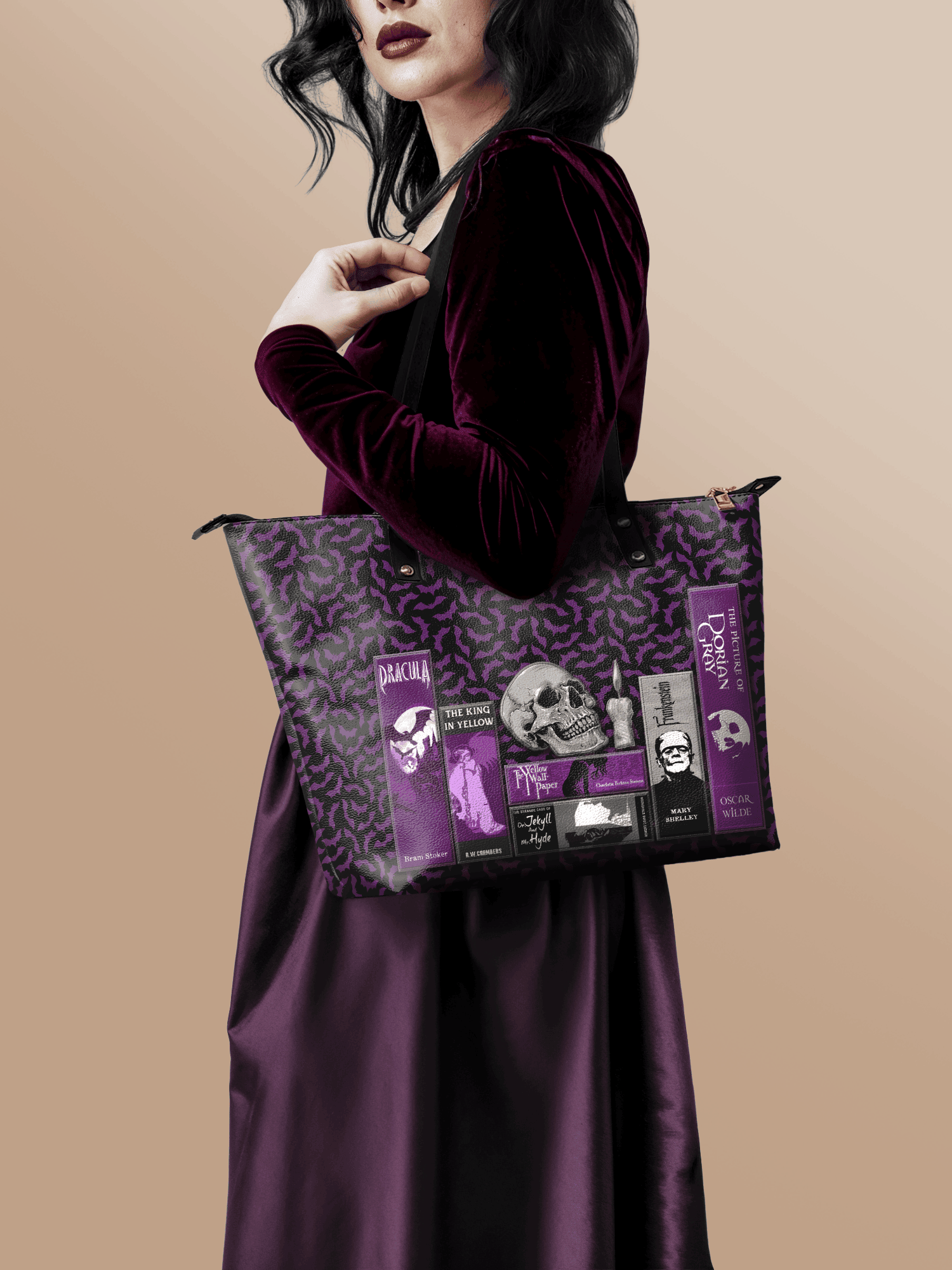 "The Codex of Gothic Tales" Violet Echo Leather Tote Bag