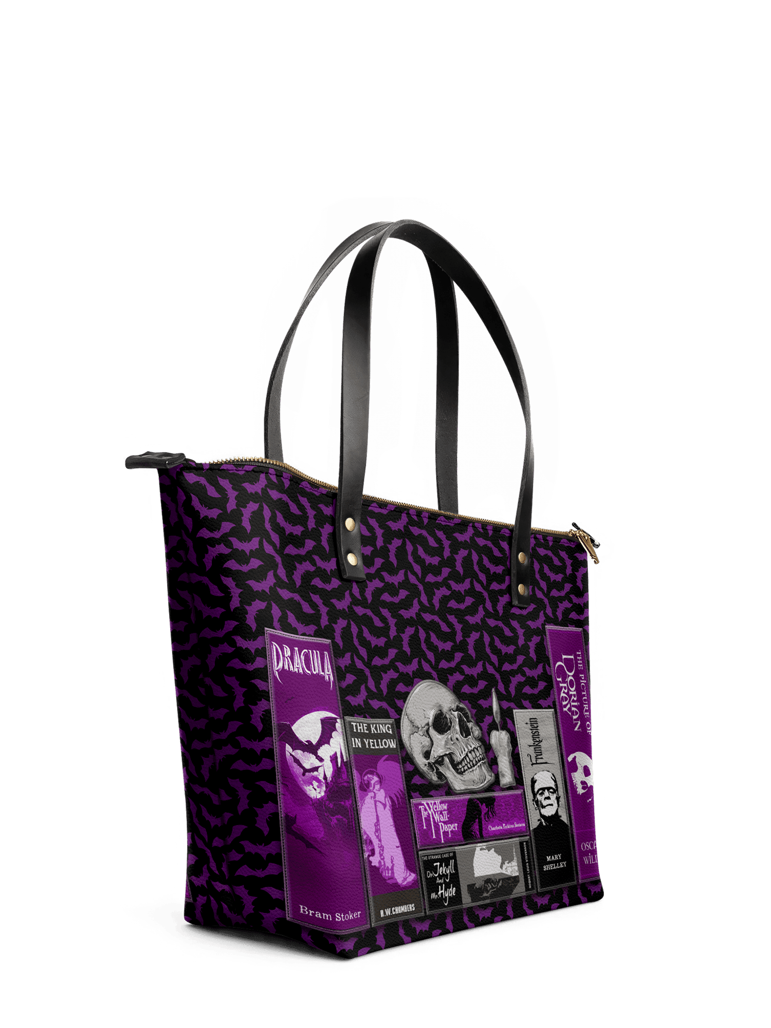 "The Codex of Gothic Tales" Violet Echo Leather Tote Bag