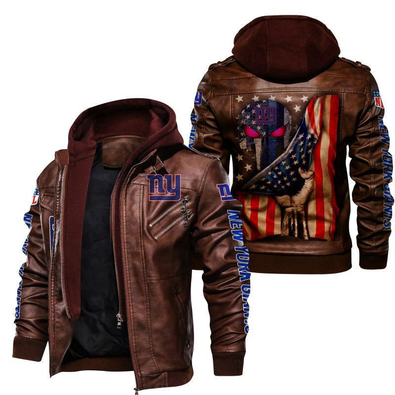 New York Giants HVKC171 - Premium & Ultra-Thick Leather Jacket with Fleece Hood