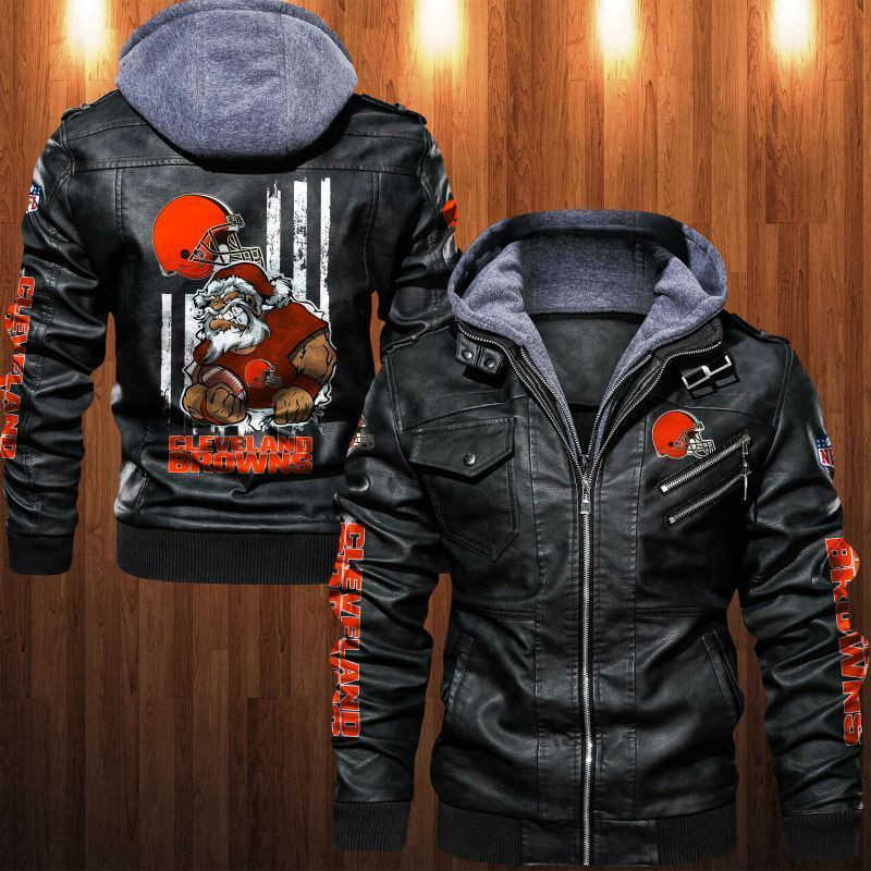 Cleveland Browns HVKC1801 - Premium & Ultra-Thick Leather Jacket with Fleece Hood