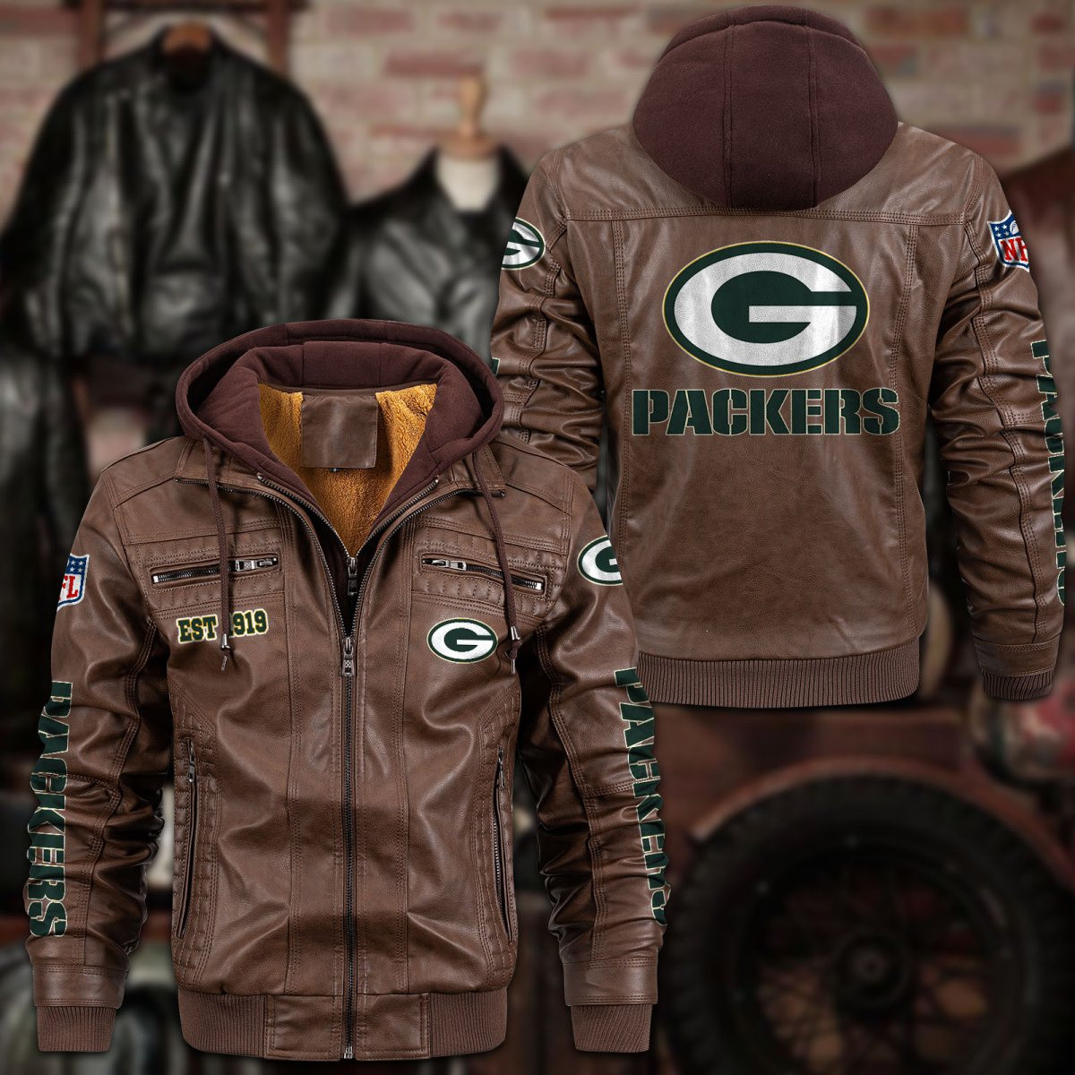 Premium & Ultra-Thick Leather Jacket with Fleece Hood - Green Bay Packers PHVKC012