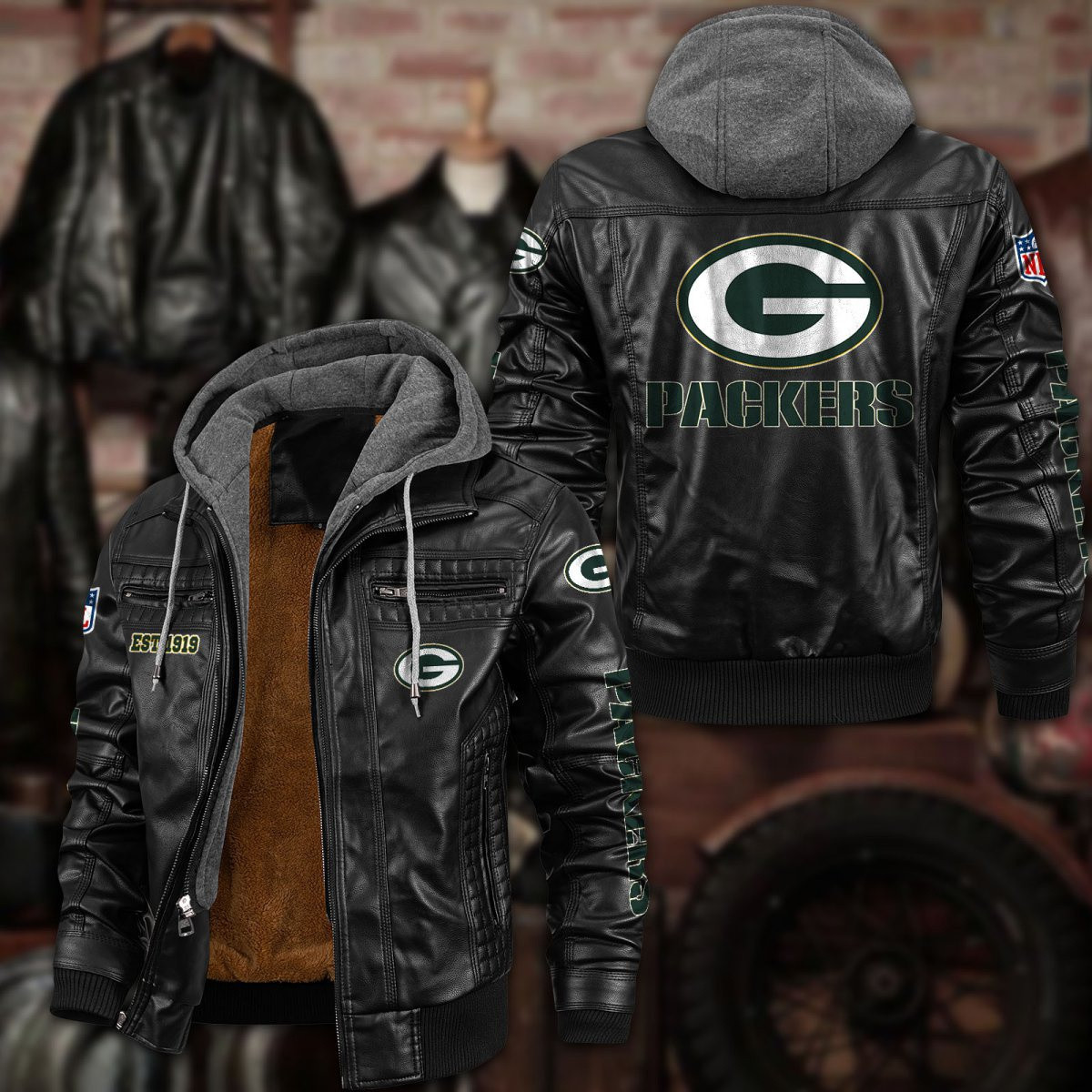 Premium & Ultra-Thick Leather Jacket with Fleece Hood - Green Bay Packers PHVKC012