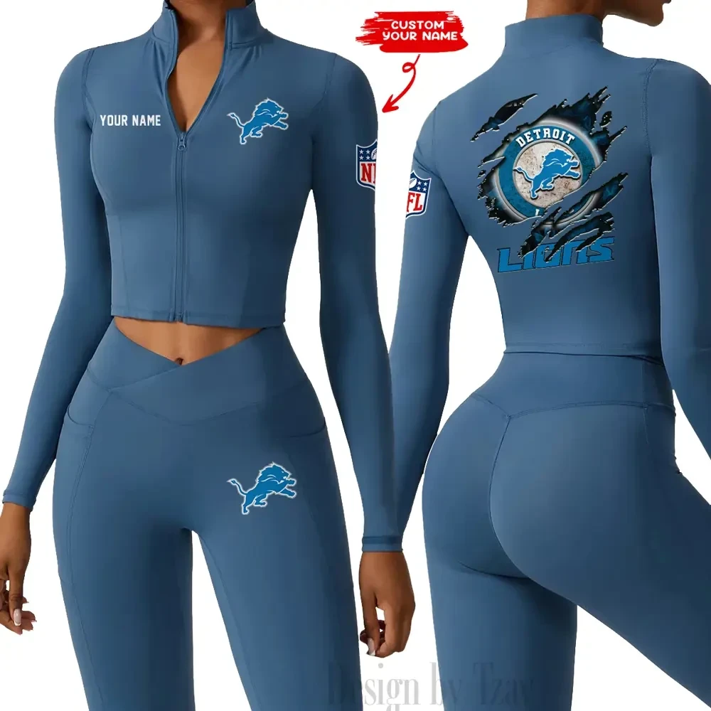 Detroit Lions Women Activewear Set 2 Piece Crop Jacket and High Waist Leggings SPTZSTW241
