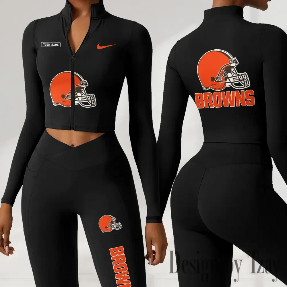 Cleveland Browns Women Activewear Set 2 Piece Crop Jacket and High Waist Leggings SPTZSTW270