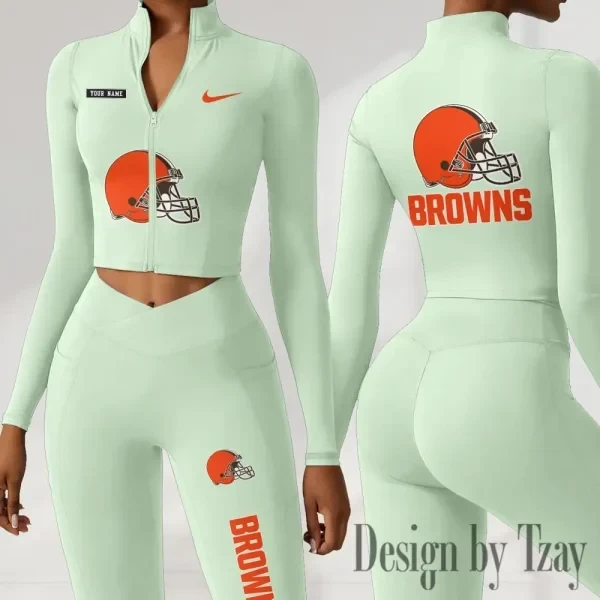 Cleveland Browns Women Activewear Set 2 Piece Crop Jacket and High Waist Leggings SPTZSTW270