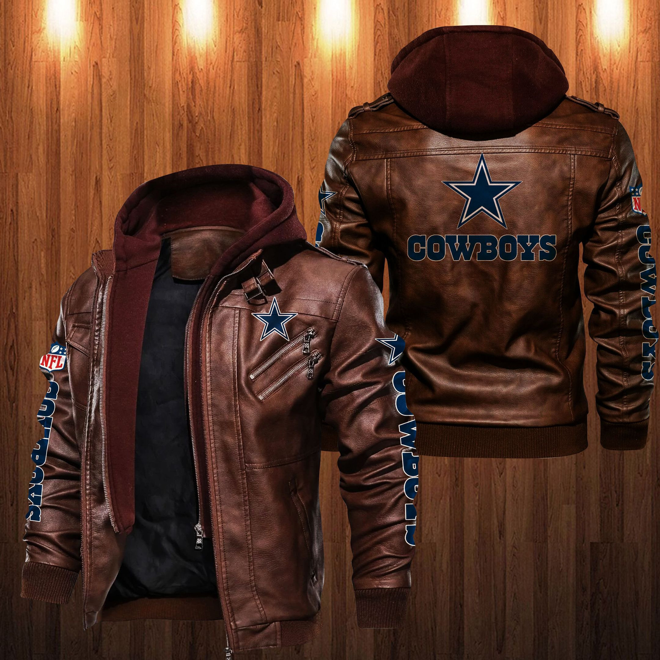 Dallas Cowboys HVKC1242 - Premium & Ultra-Thick Leather Jacket with Fleece Hood