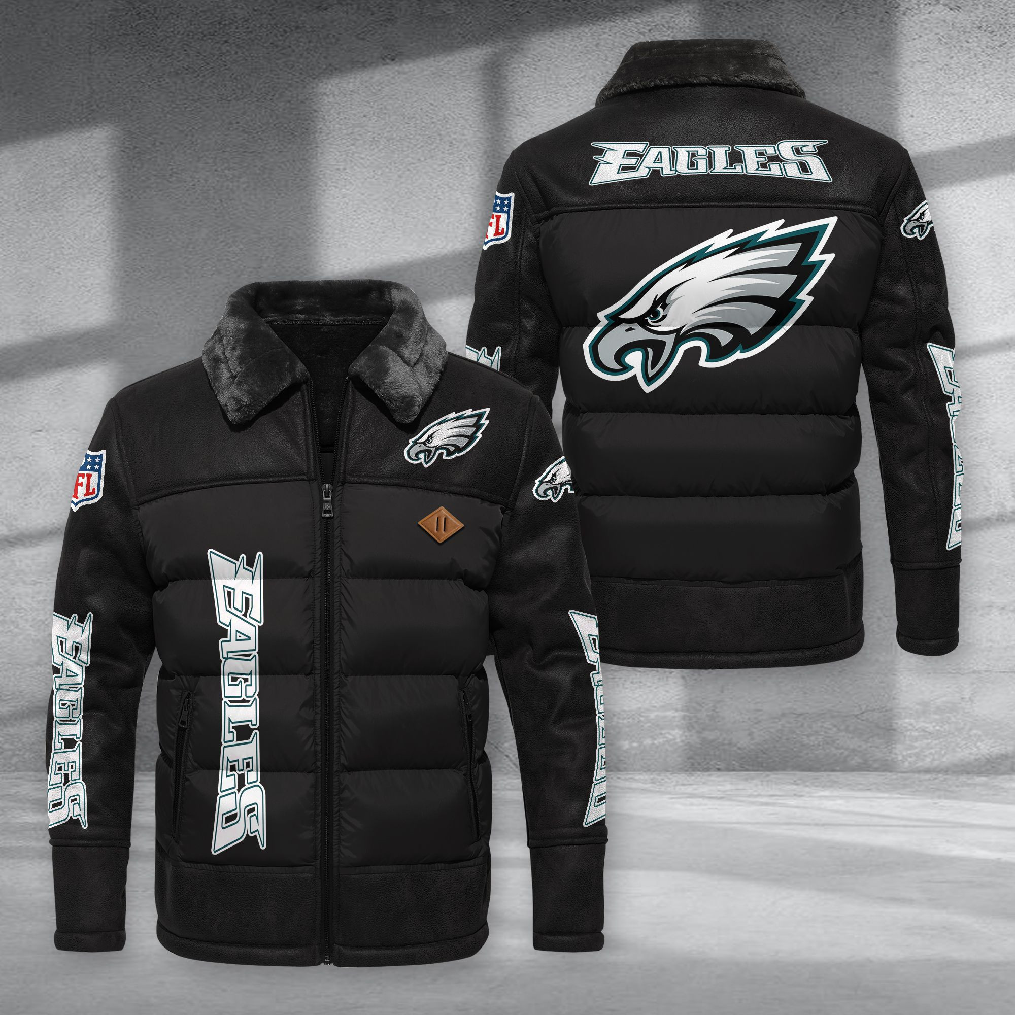 Philadelphia Eagles Fur Collar Leather-Look Puffer Jacket PURJD027