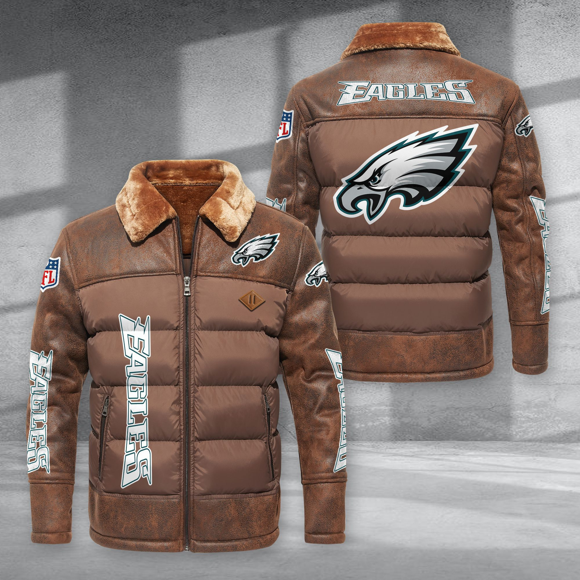 Philadelphia Eagles Fur Collar Leather-Look Puffer Jacket PURJD027