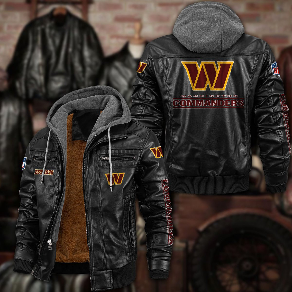 Premium & Ultra-Thick Leather Jacket with Fleece Hood - Washington Football Team PHVKC032