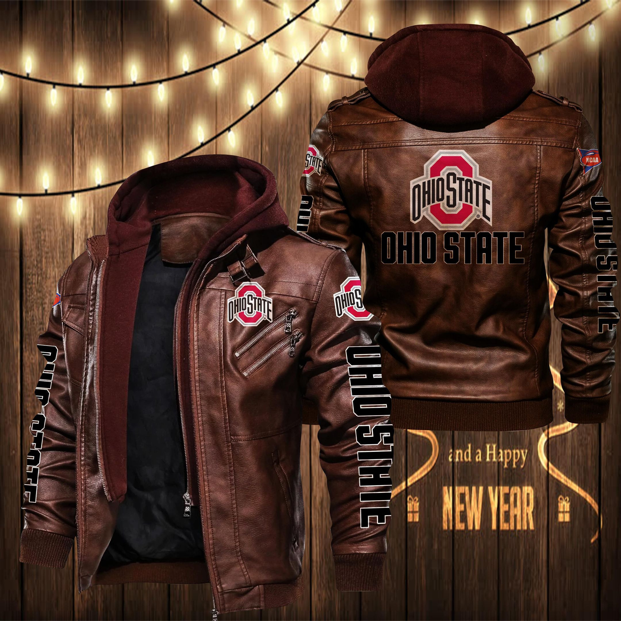 Ohio State Buckeyes HVKC1298 - Premium & Ultra-Thick Leather Jacket with Fleece Hood