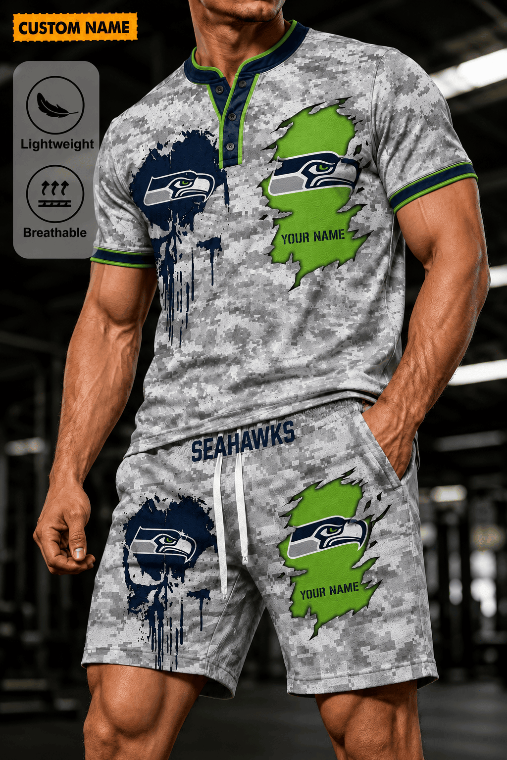 Seattle Seahawks Men’s Button Neck T-Shirt and Short Set New Design 2026 Shirt And Short BSP946