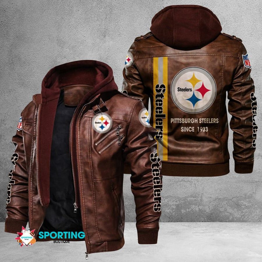 Pittsburgh Steelers Premium & Ultra-Thick Leather Jacket with Fleece Hood 65F