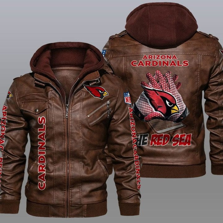 Arizona Cardinals Premium & Ultra-Thick Leather Jacket with Fleece Hood 01