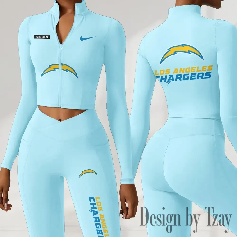Los Angeles Chargers Women Activewear Set 2 Piece Crop Jacket and High Waist Leggings SPTZSTW280