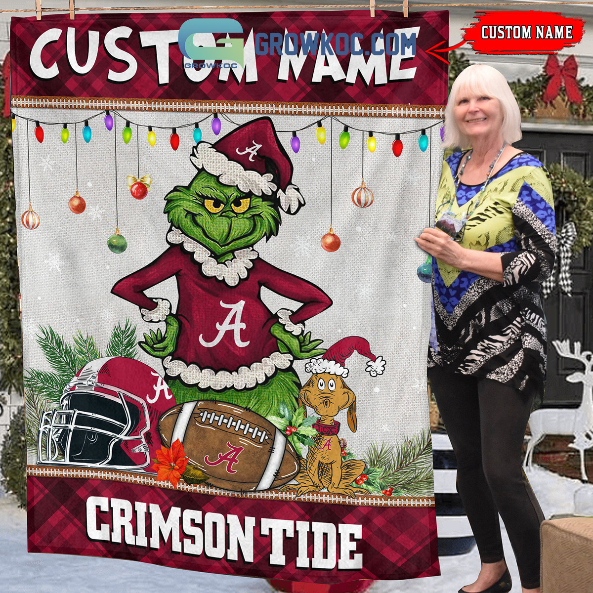 Alabama Crimson Tide Grinch Football Merry Christmas Light Personalized Fleece Blanket Quilt
