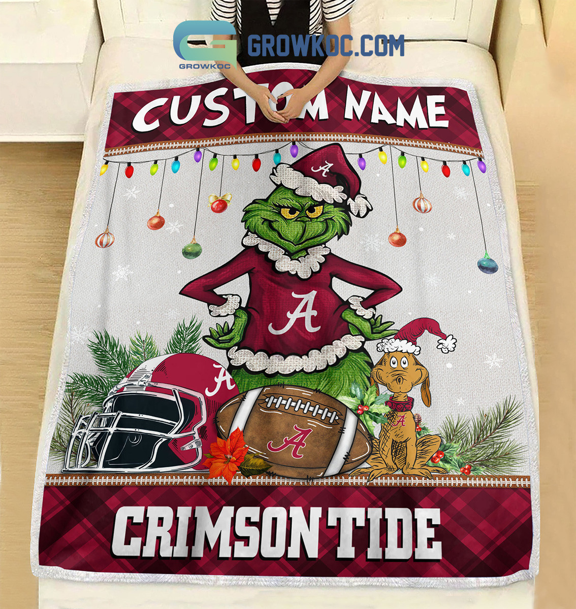 Alabama Crimson Tide Grinch Football Merry Christmas Light Personalized Fleece Blanket Quilt