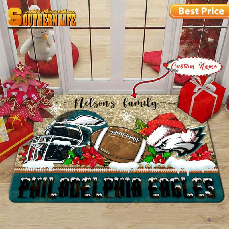 Philadelphia Eagles Christmas Rubber Base Doormat - Custom Name EAG8299