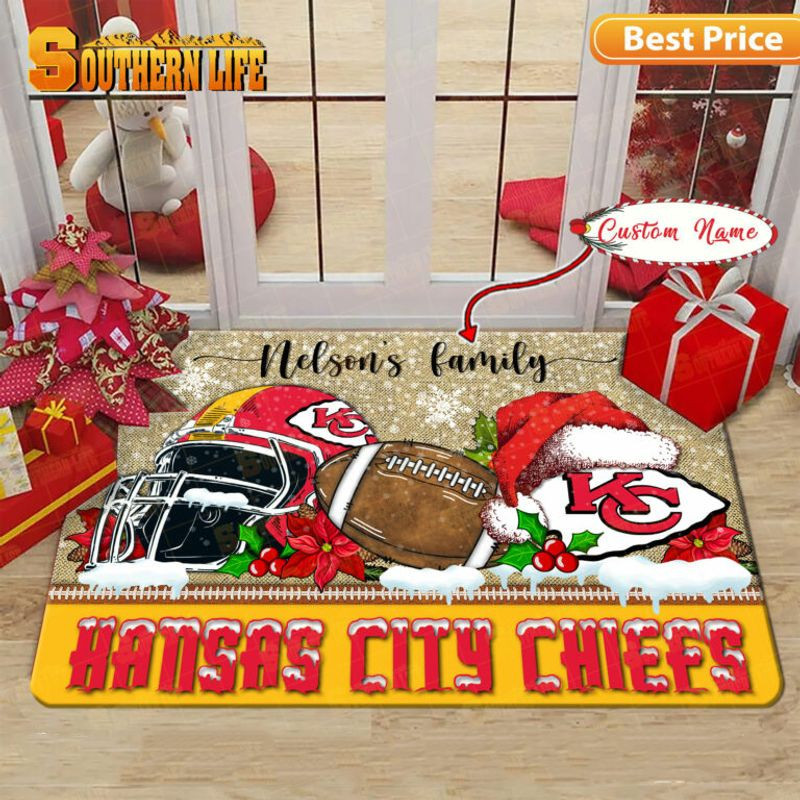 Kansas City Chiefs Christmas Rubber Base Doormat - Custom Name KC855