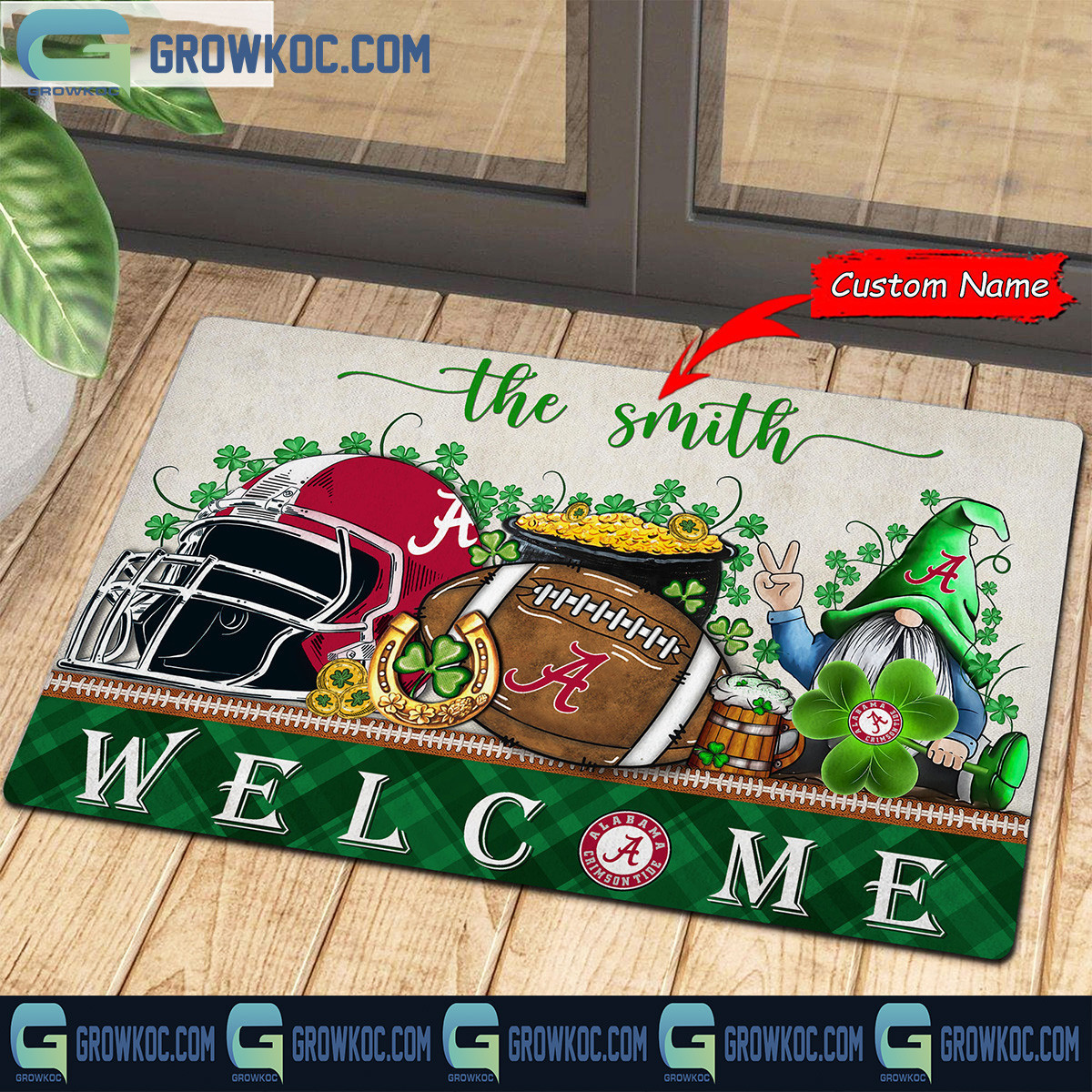 Alabama Crimson Tide Welcome St Patrick's Day Shamrock Personalized Doormat