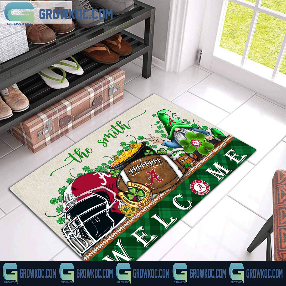 Alabama Crimson Tide Welcome St Patrick's Day Shamrock Personalized Doormat