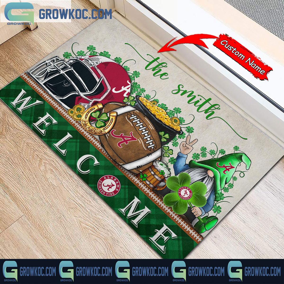 Alabama Crimson Tide Welcome St Patrick's Day Shamrock Personalized Doormat