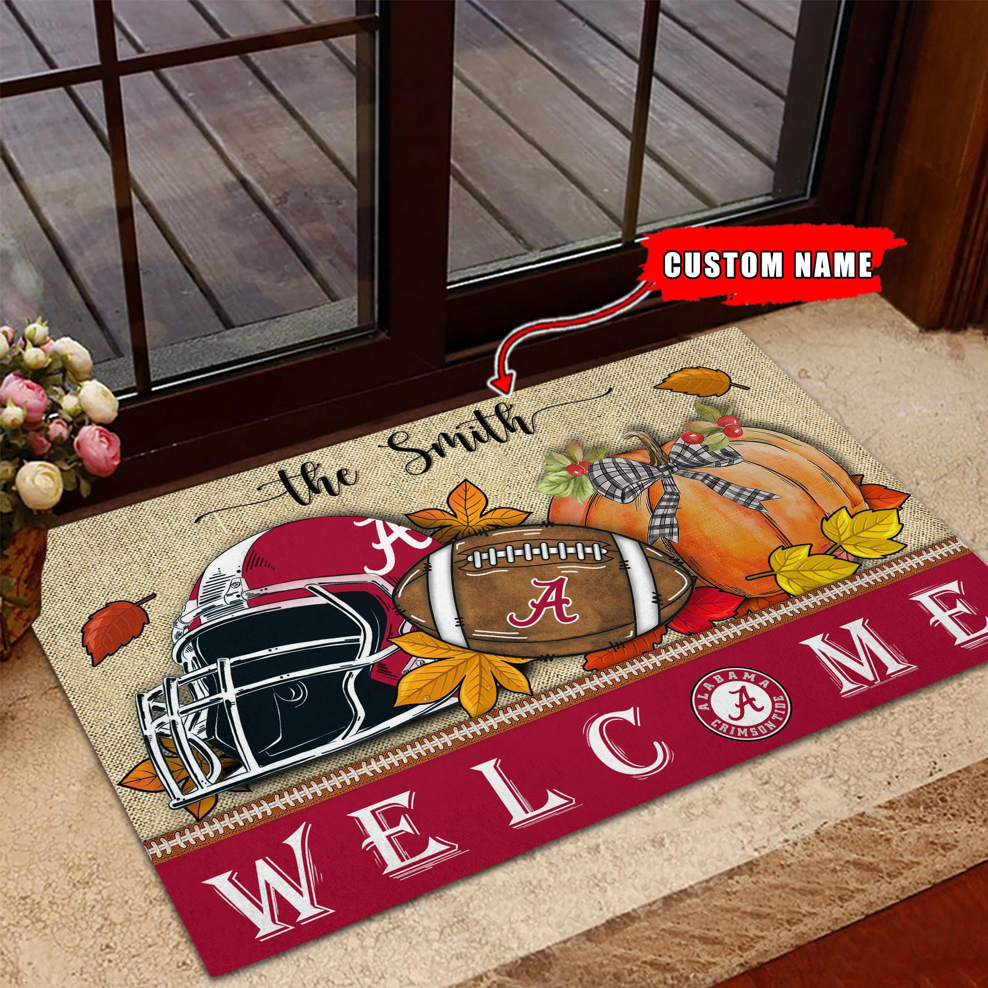 NCAA01Alabama Crimson Tide Welcome Fall Football Doormat – Custom name