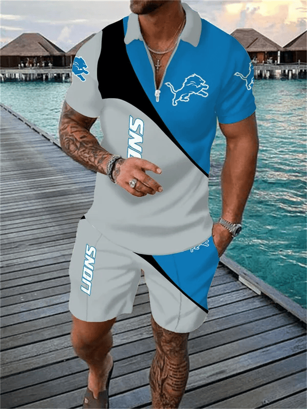 Detroit Lion Zip Polo Shirt And Shorts Men AZPLZ012