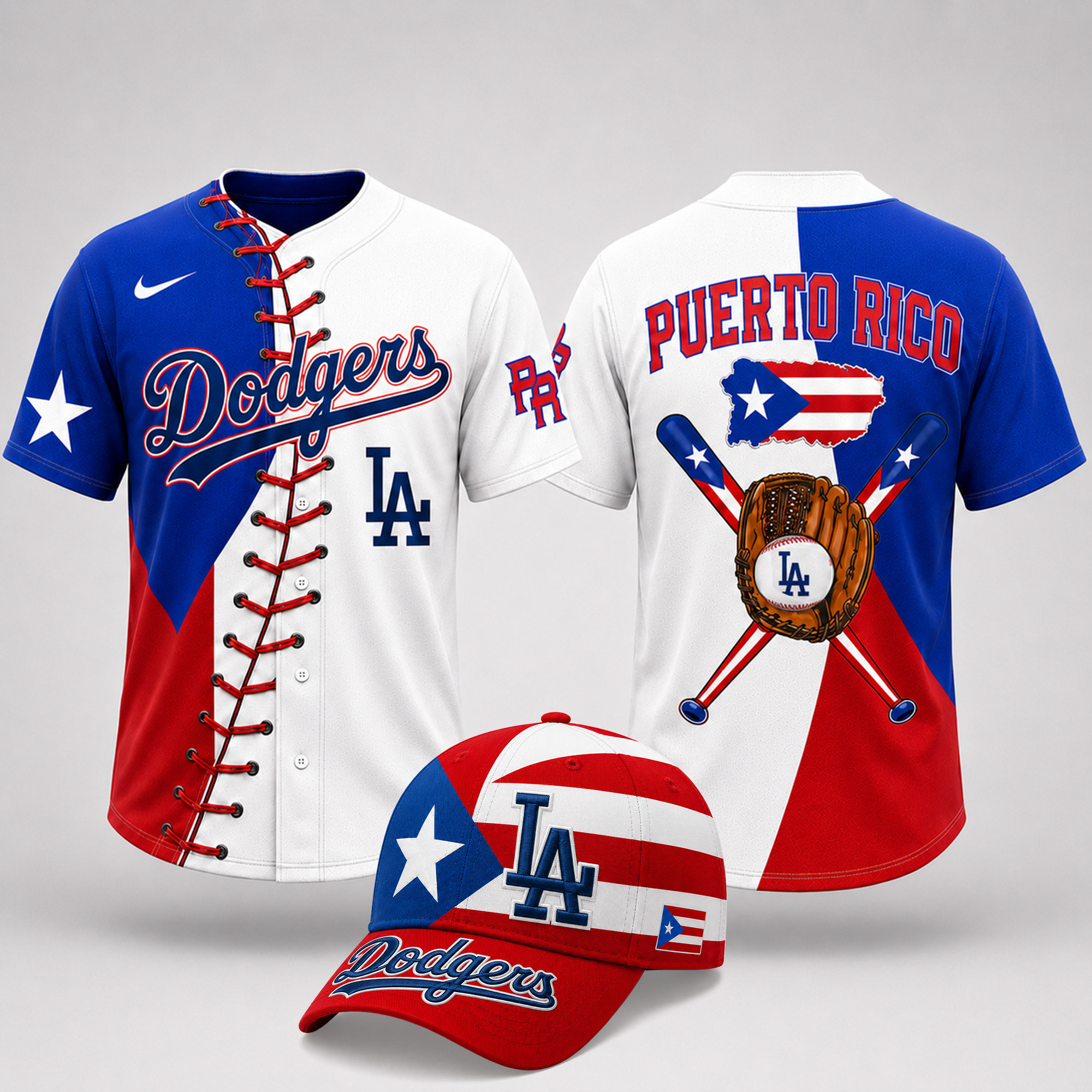 Los Angeles Dodgers | Premium MLB Puerto Rico Island Pride Baseball Jersey And Cap Set