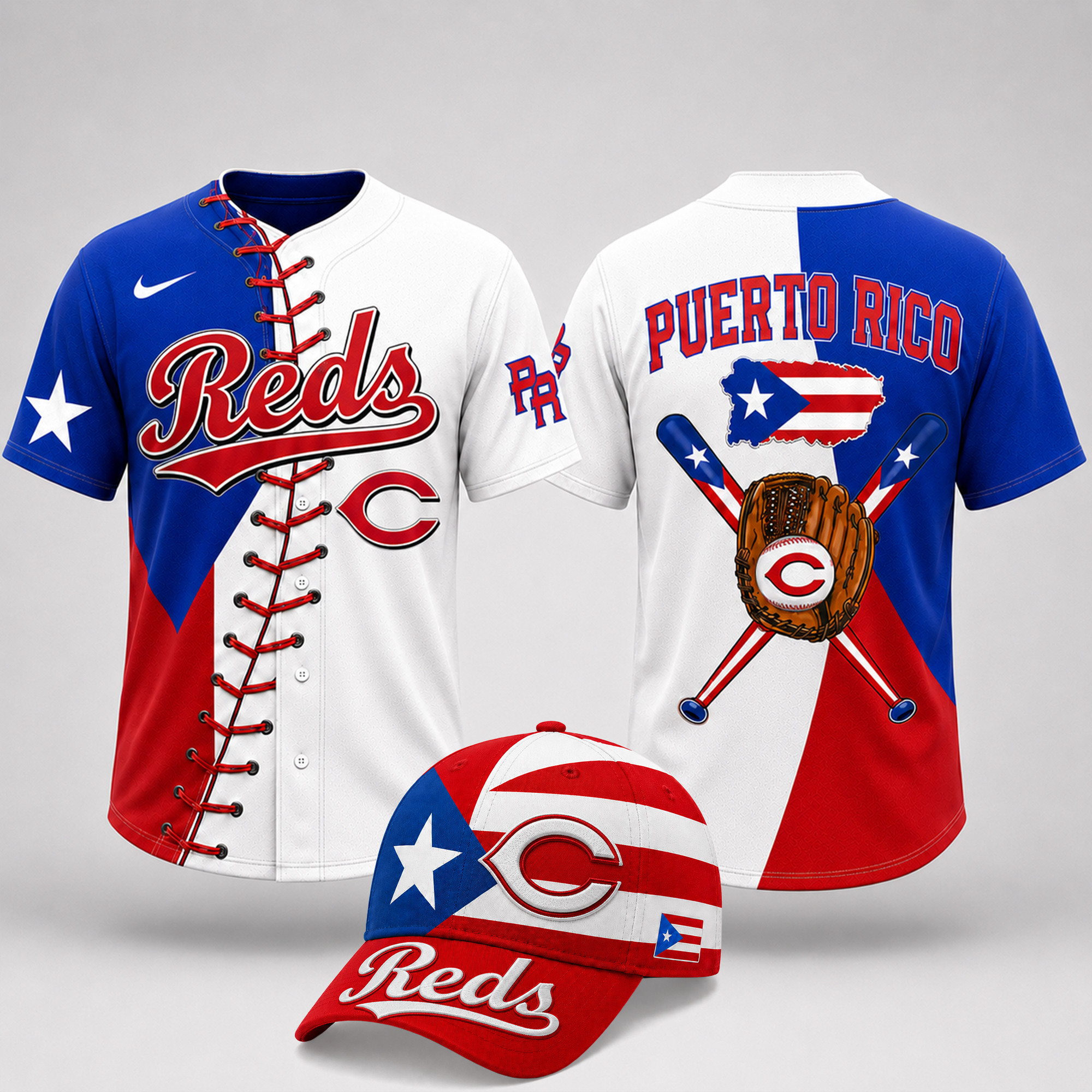 Cincinnati Reds | Premium MLB Puerto Rico Island Pride Baseball Jersey And Cap Set
