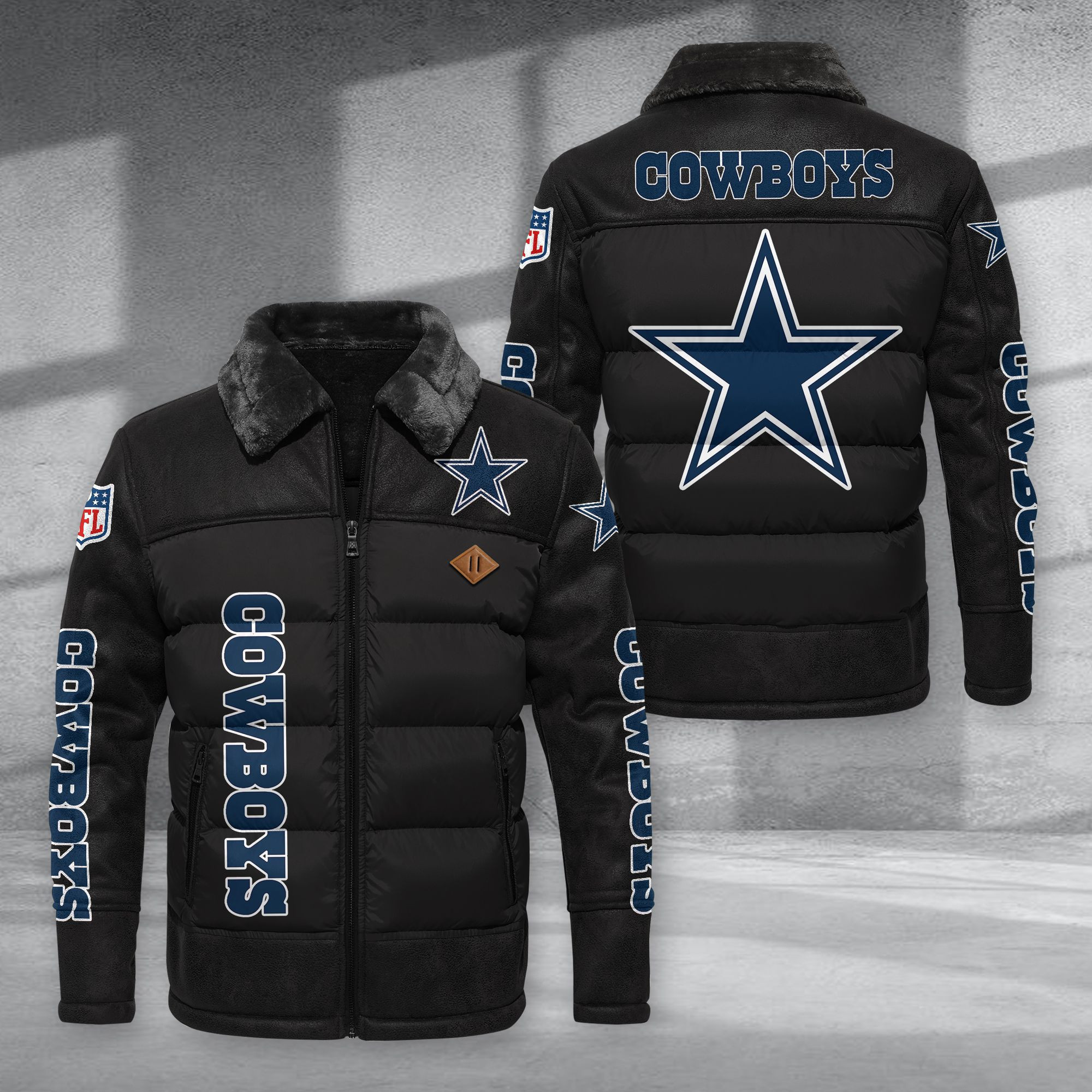 Dallas Cowboys Fur Collar Leather-Look Puffer Jacket PURJD010