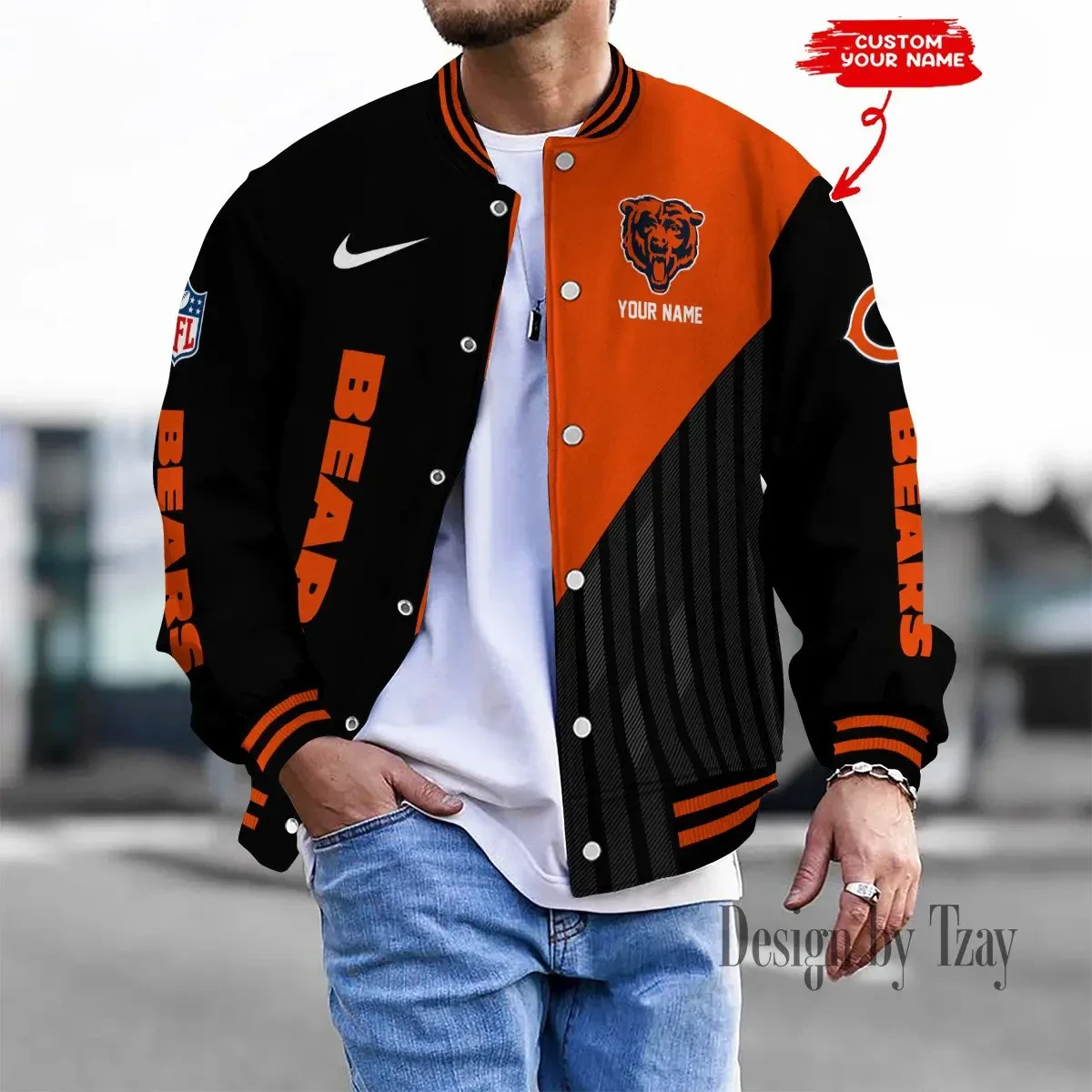 SPTBBJACKET102-Chicago Bears Personalized New Baseball Jacket Gifts For Fan