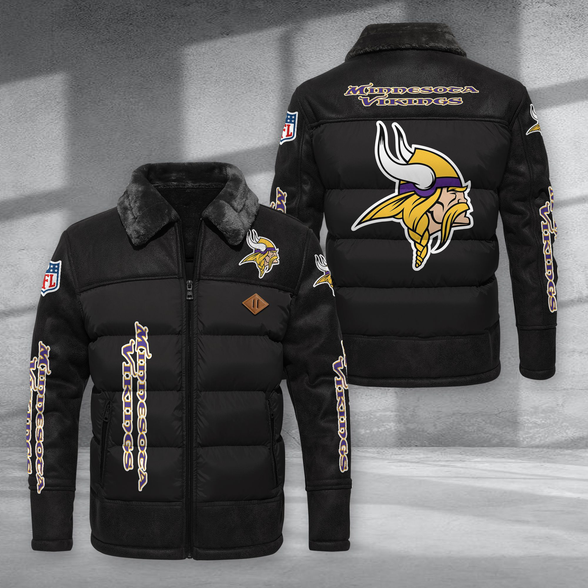 Minnesota Vikings Fur Collar Leather-Look Puffer Jacket PURJD022
