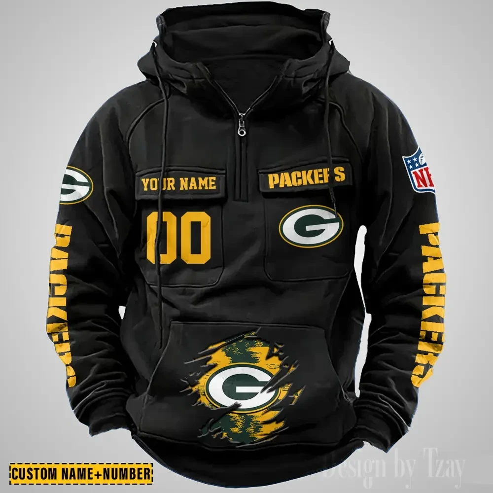 Green Bay Packers NFL Multi Pocket Zipper Retro Hoodie AZVMHD843