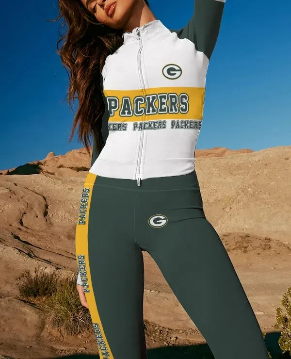 Green Bay Packers 2 Piece Workout Sets :Sculpt High Waist Gym Leggings and Long Sleeve Sports Top AZLSST030