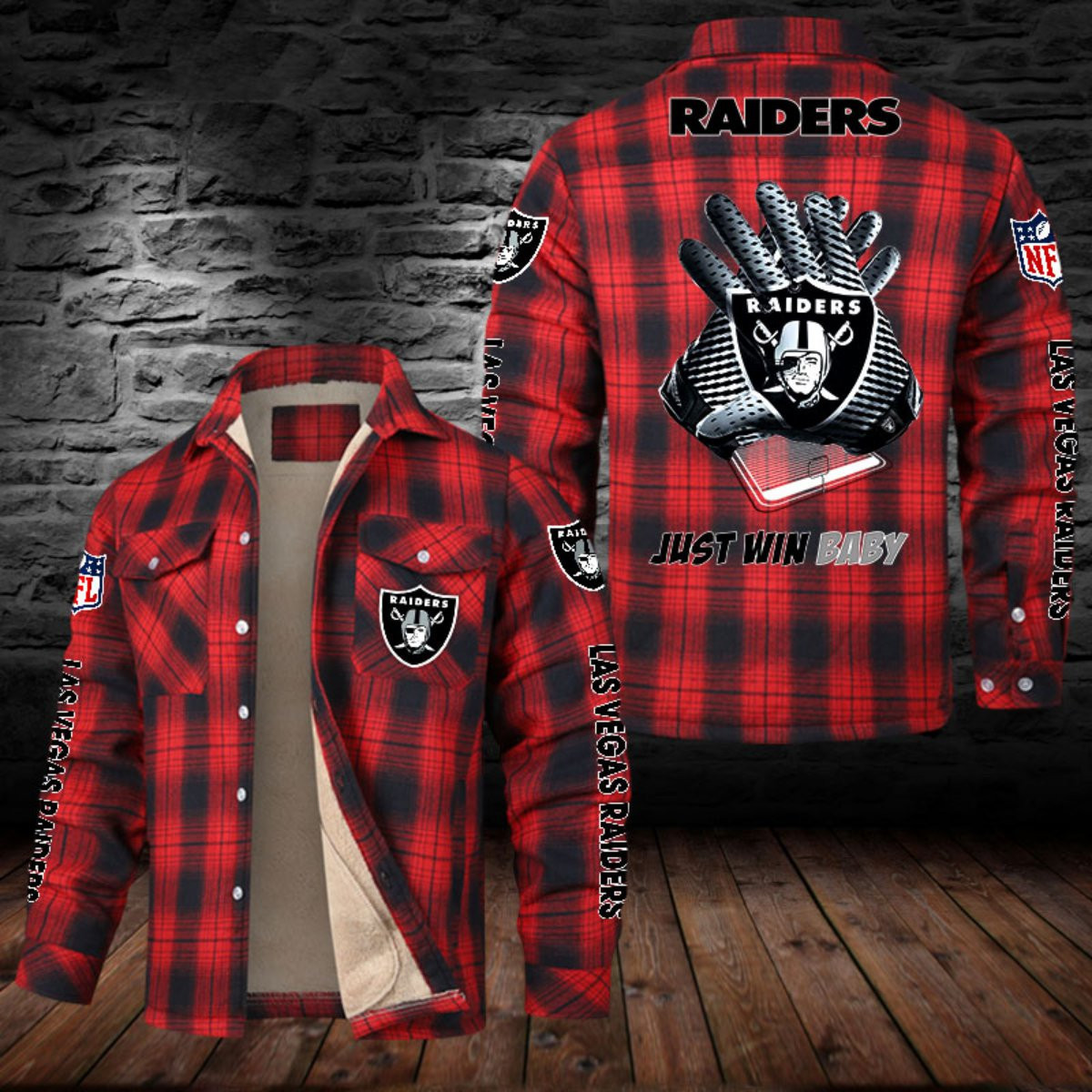 Las Vegas Raiders Sherpa Lined Plaid Flannel Button Shirt PB3LABO