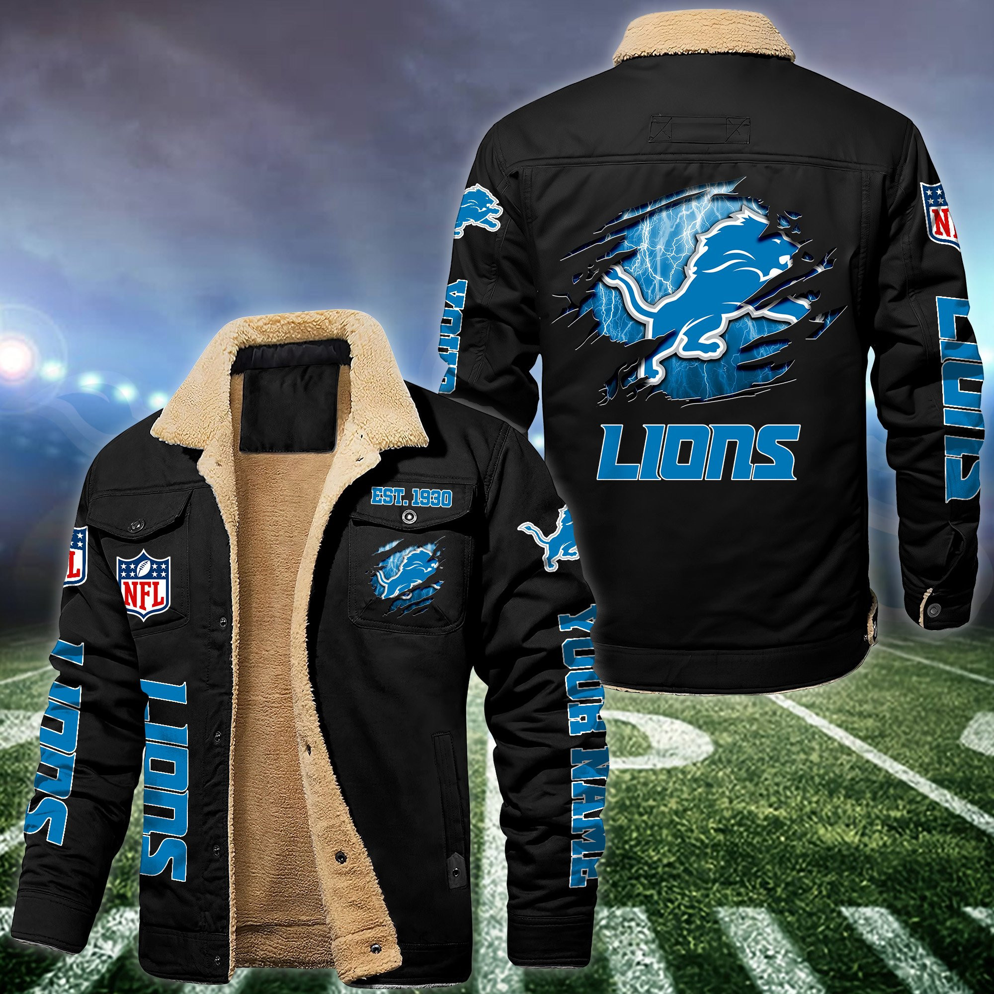 Detroit Lions Fleece Lined Cargo Jacket Custom Your Name HYJU98