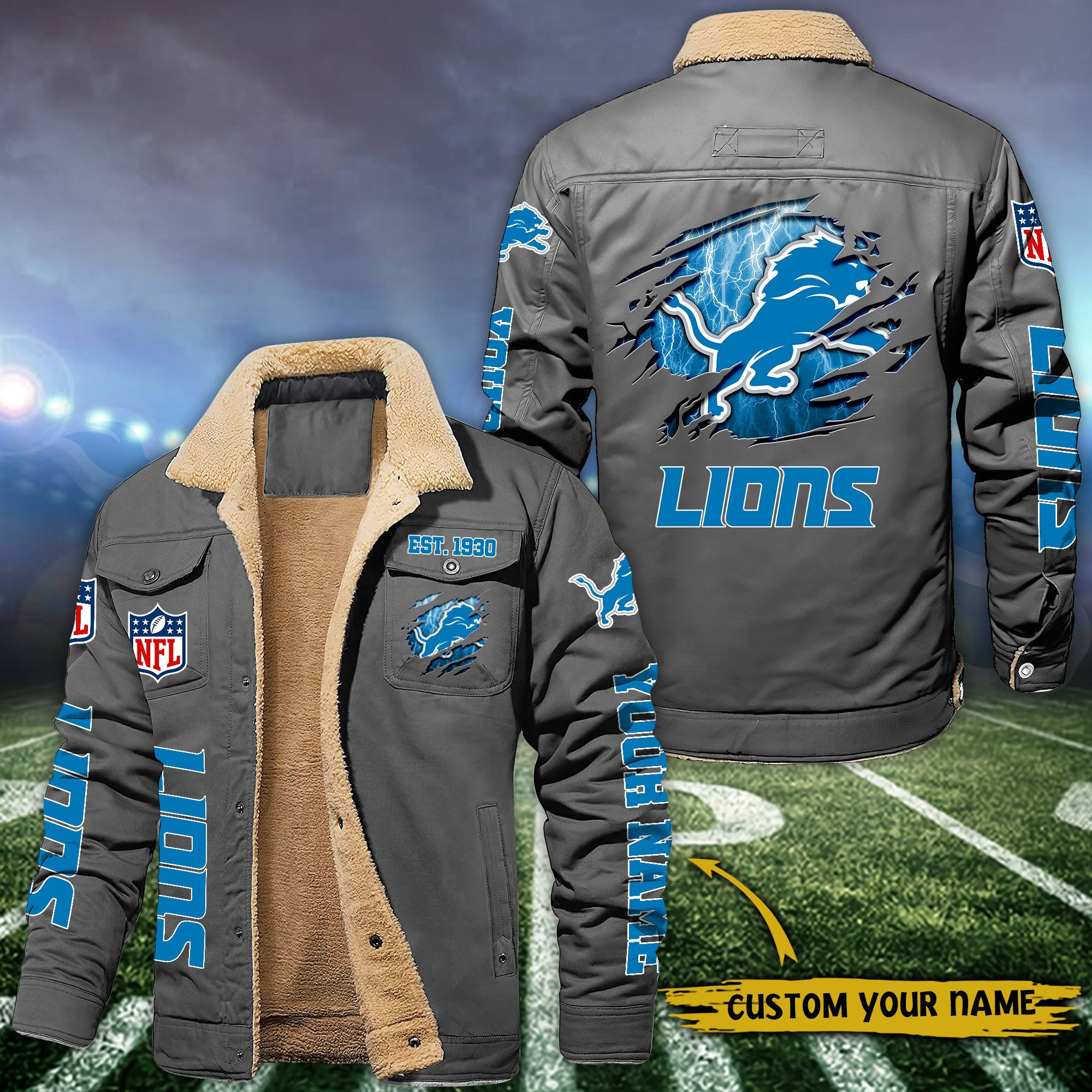 Detroit Lions Fleece Lined Cargo Jacket Custom Your Name PBYJ8SW