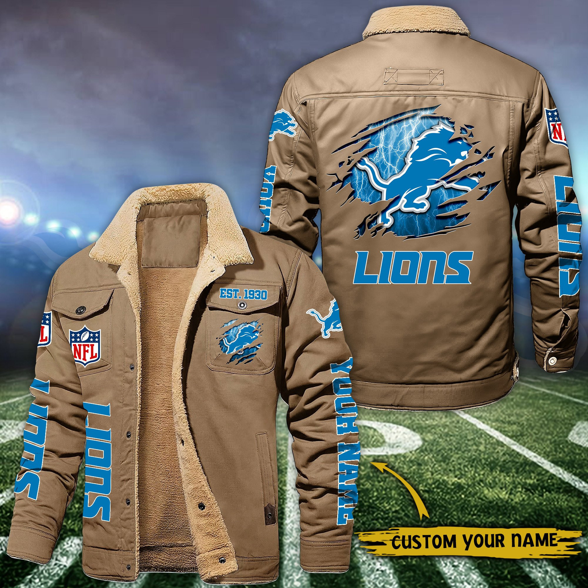 Detroit Lions Fleece Lined Cargo Jacket Custom Your Name PBYJ8SW