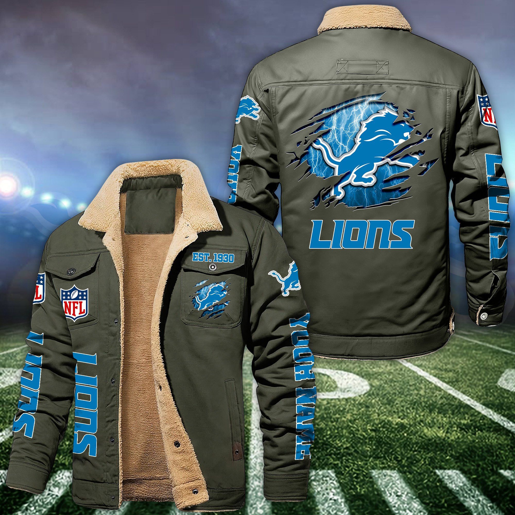 Detroit Lions Fleece Lined Cargo Jacket Custom Your Name PBYJ8SW