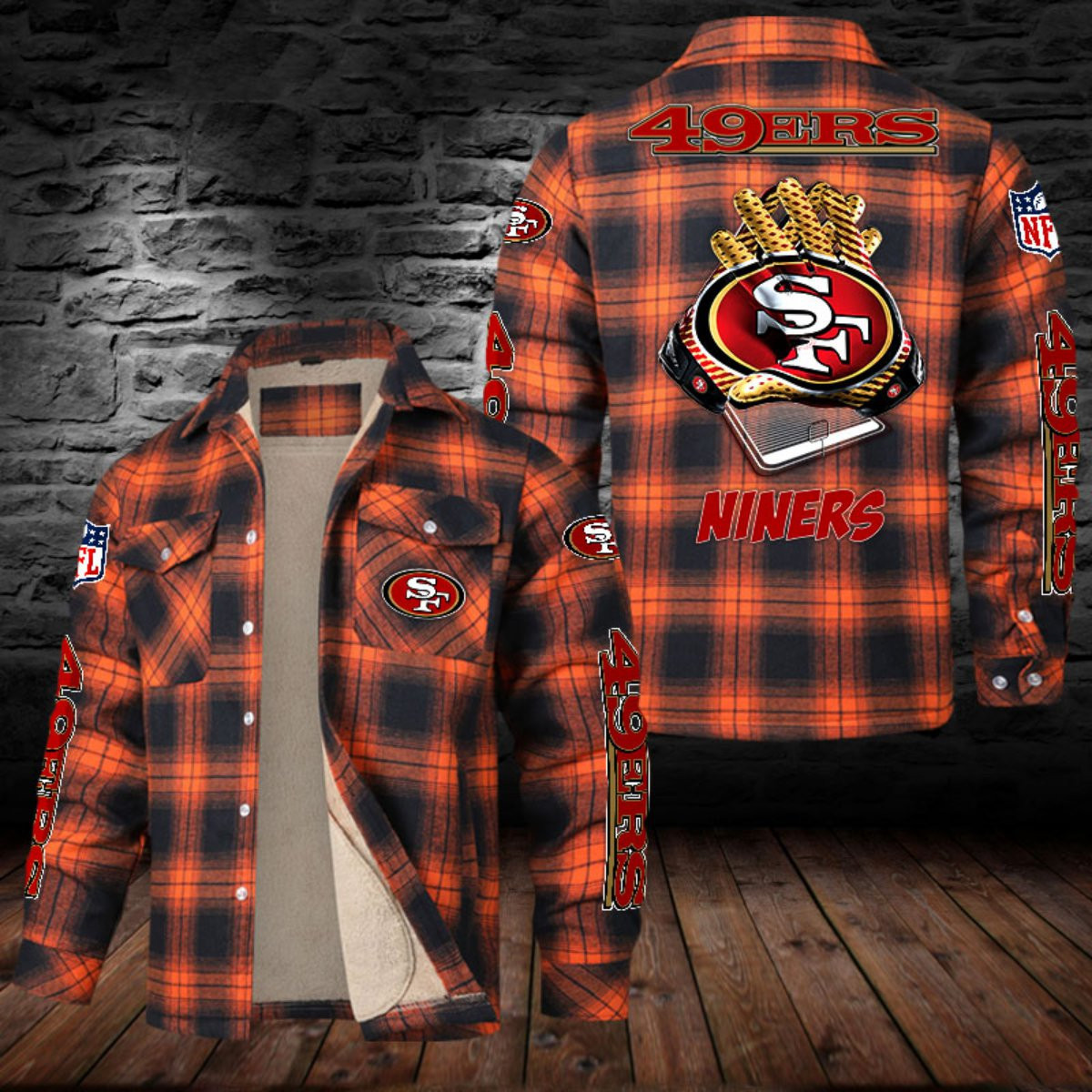 San Francisco 49ers Sherpa Lined Plaid Flannel Button Shirt PBGGEK6