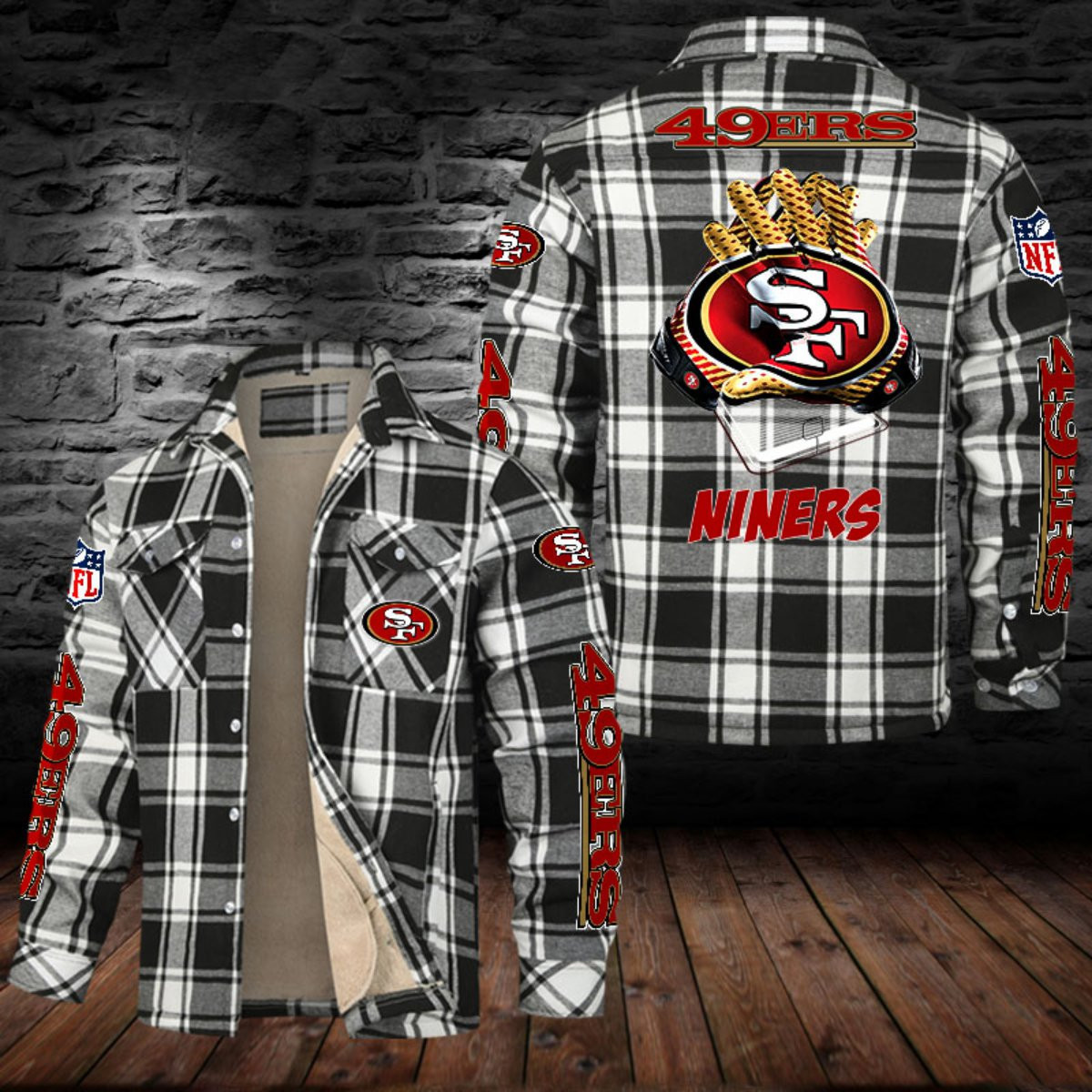 San Francisco 49ers Sherpa Lined Plaid Flannel Button Shirt PBGGEK6