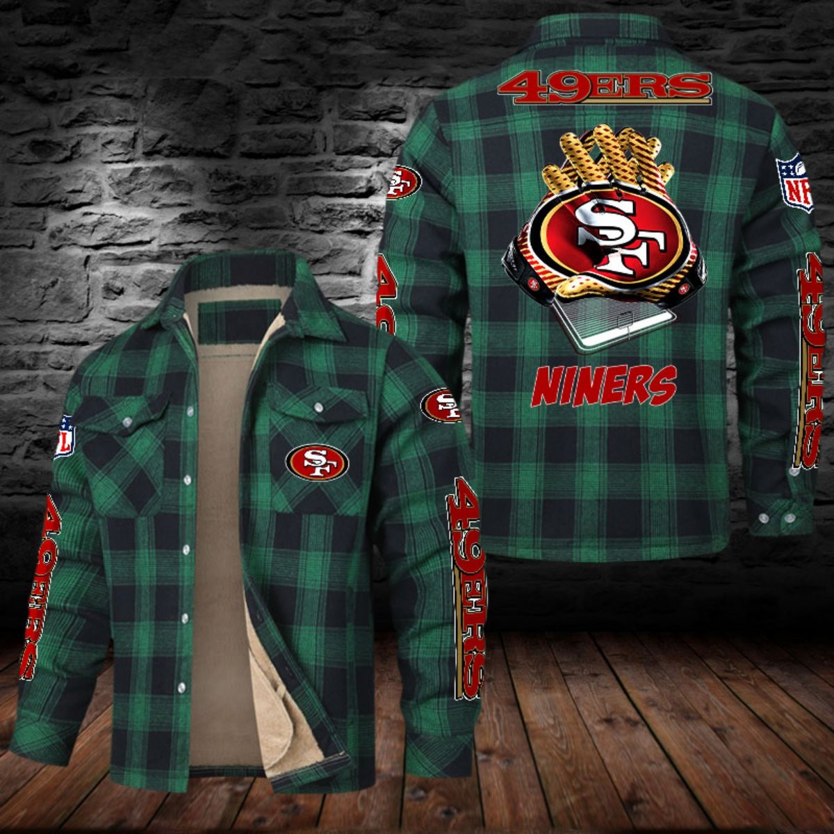 San Francisco 49ers Sherpa Lined Plaid Flannel Button Shirt PBGGEK6