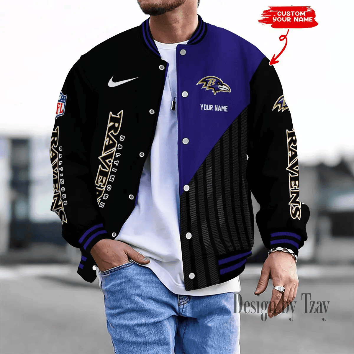SPTBBJACKET099-Baltimore Ravens Personalized New Baseball Jacket Gifts For Fan