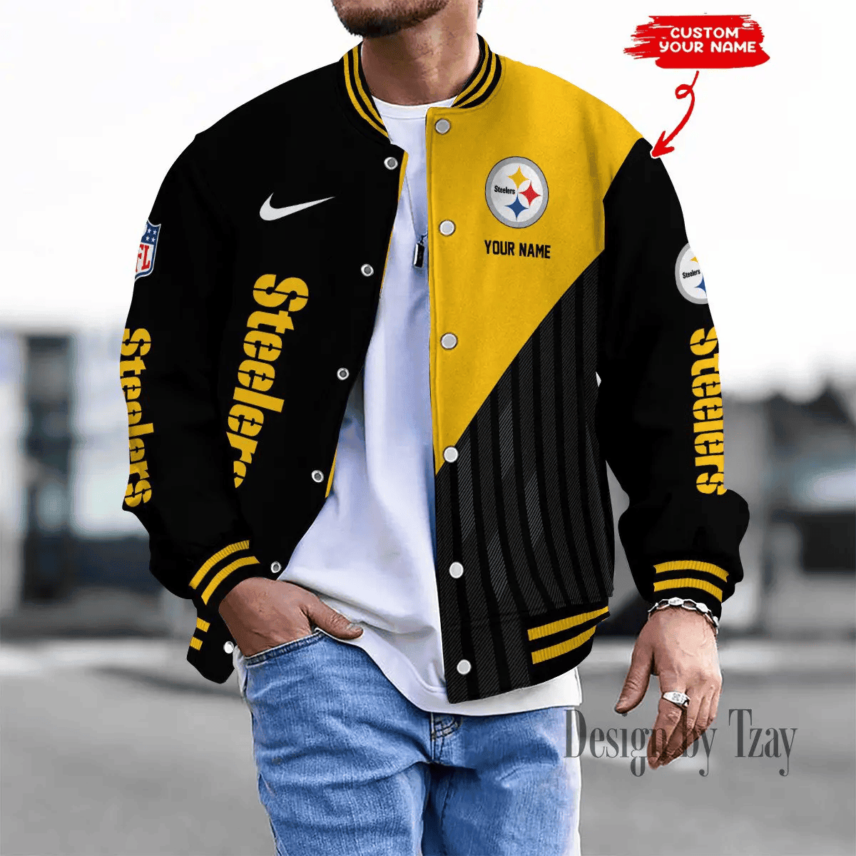 SPTBBJACKET123-Pittsburgh Steelers Personalized New Baseball Jacket Gifts For Fan