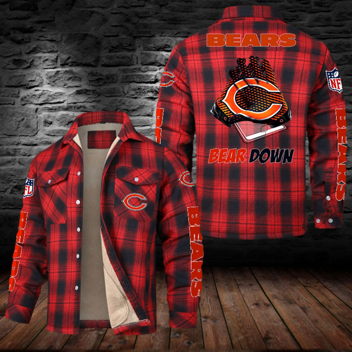 Chicago Bears Sherpa Lined Plaid Flannel Button Shirt PBPBJ52