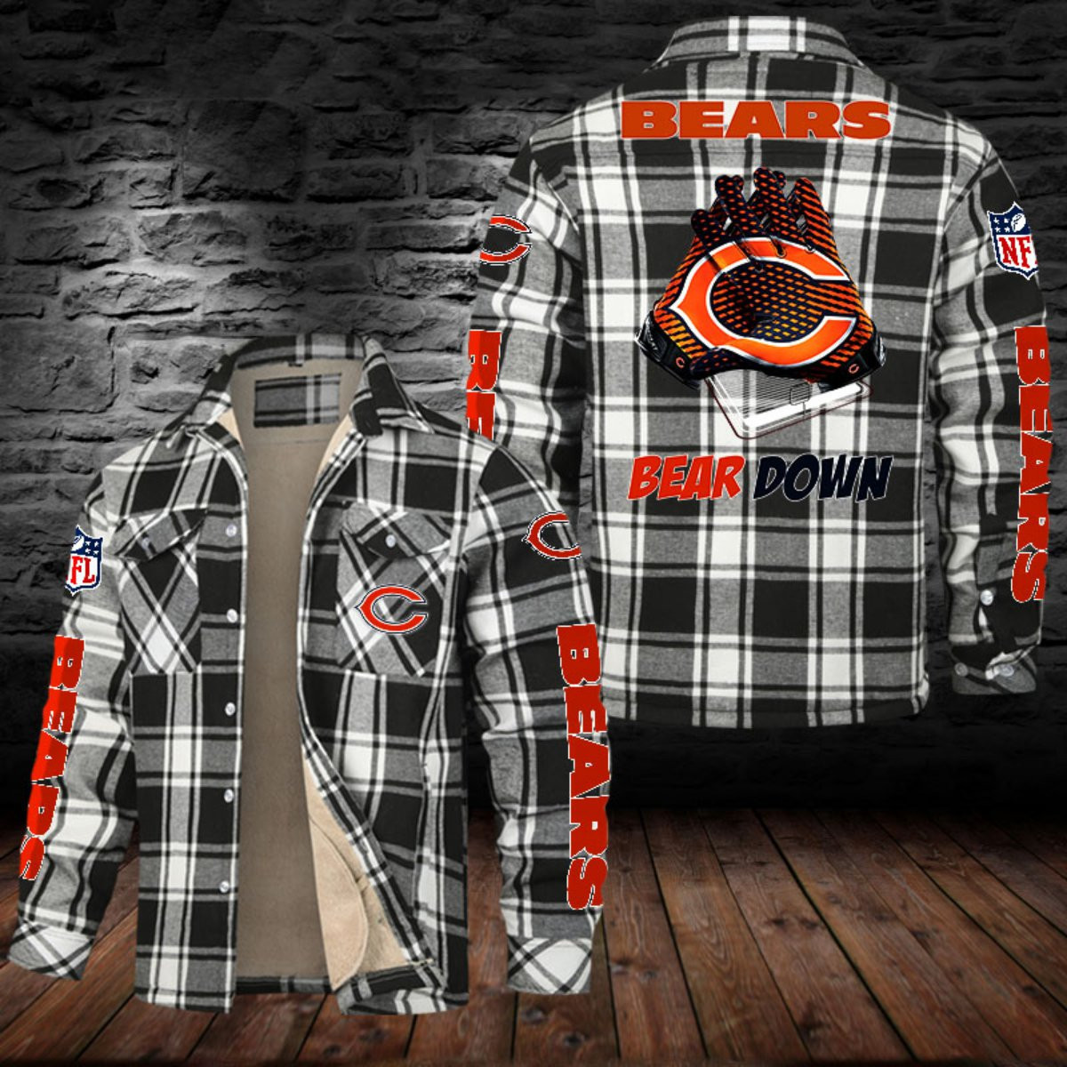 Chicago Bears Sherpa Lined Plaid Flannel Button Shirt PBPBJ52