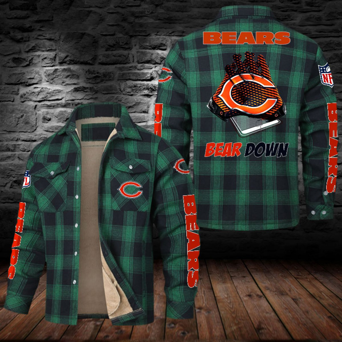 Chicago Bears Sherpa Lined Plaid Flannel Button Shirt PBPBJ52