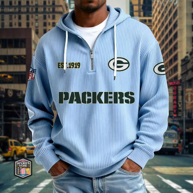 Green Bay Packers Ribbed Texture Zipper Long Sleeve Hoodie PBXI3P0
