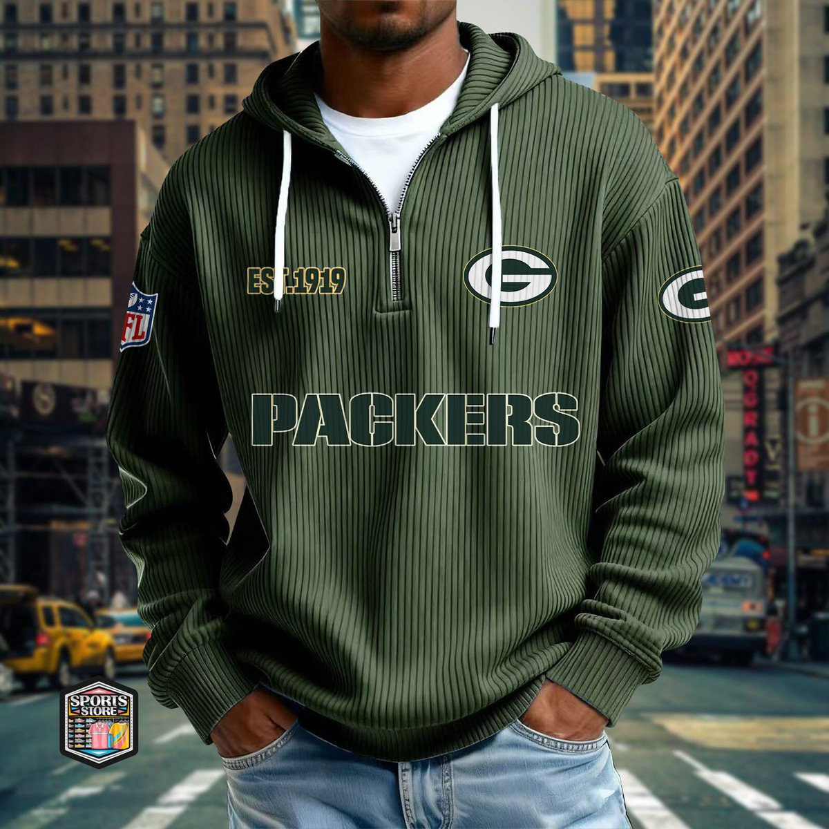 Green Bay Packers Ribbed Texture Zipper Long Sleeve Hoodie PBXI3P0