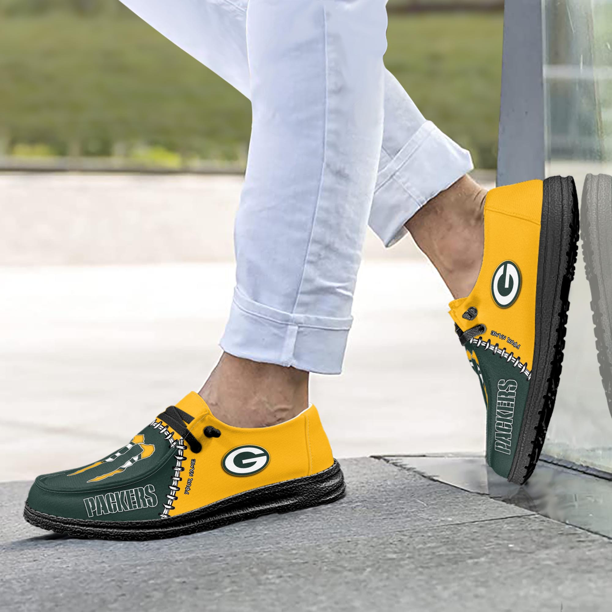 Green Bay Packers Personalized Moccasin Slippers – Hey Dude Shoes Style PBLK1LN